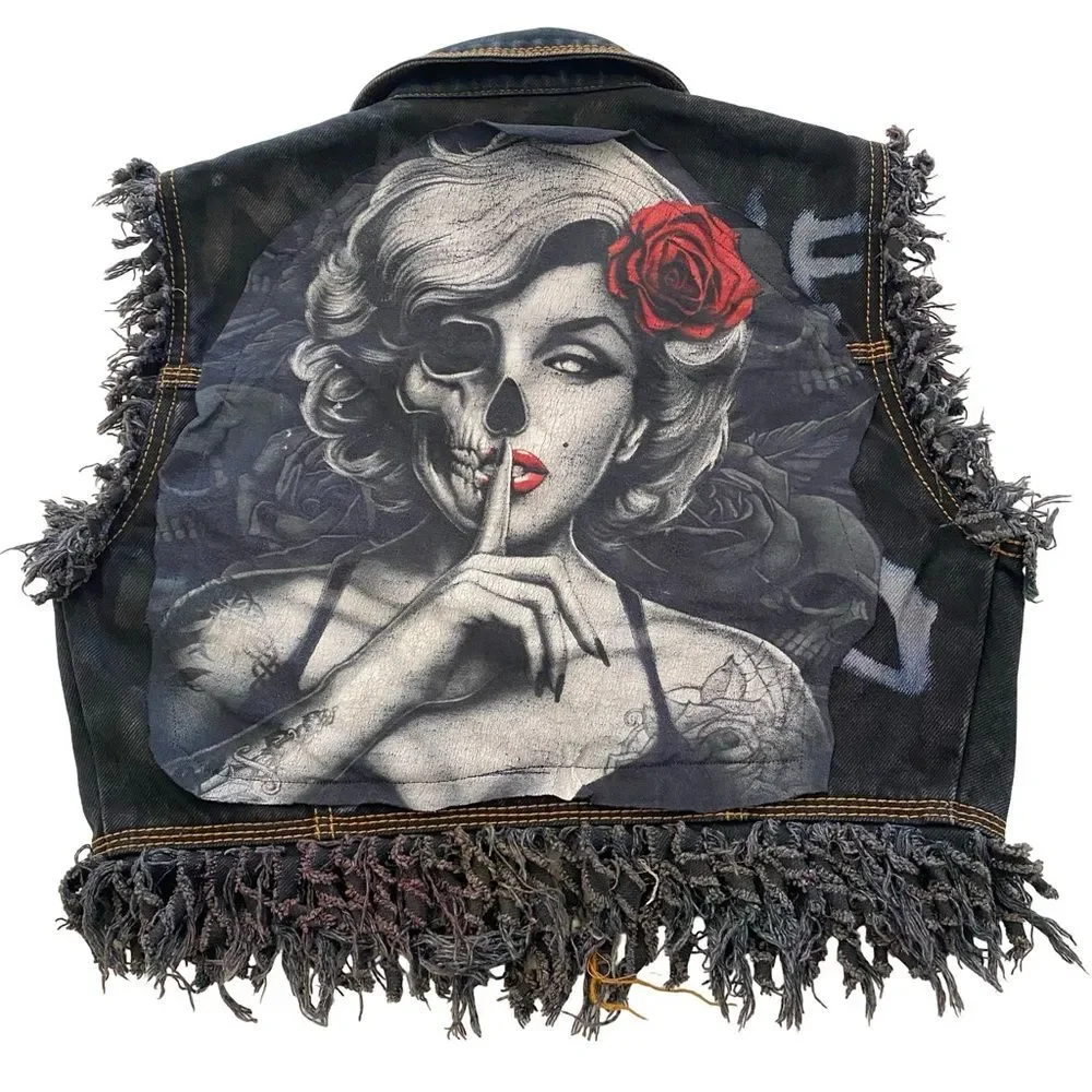 Y2K Frayed Denim Vest With Upcycled Marilyn Skeleton Image Black Size 6